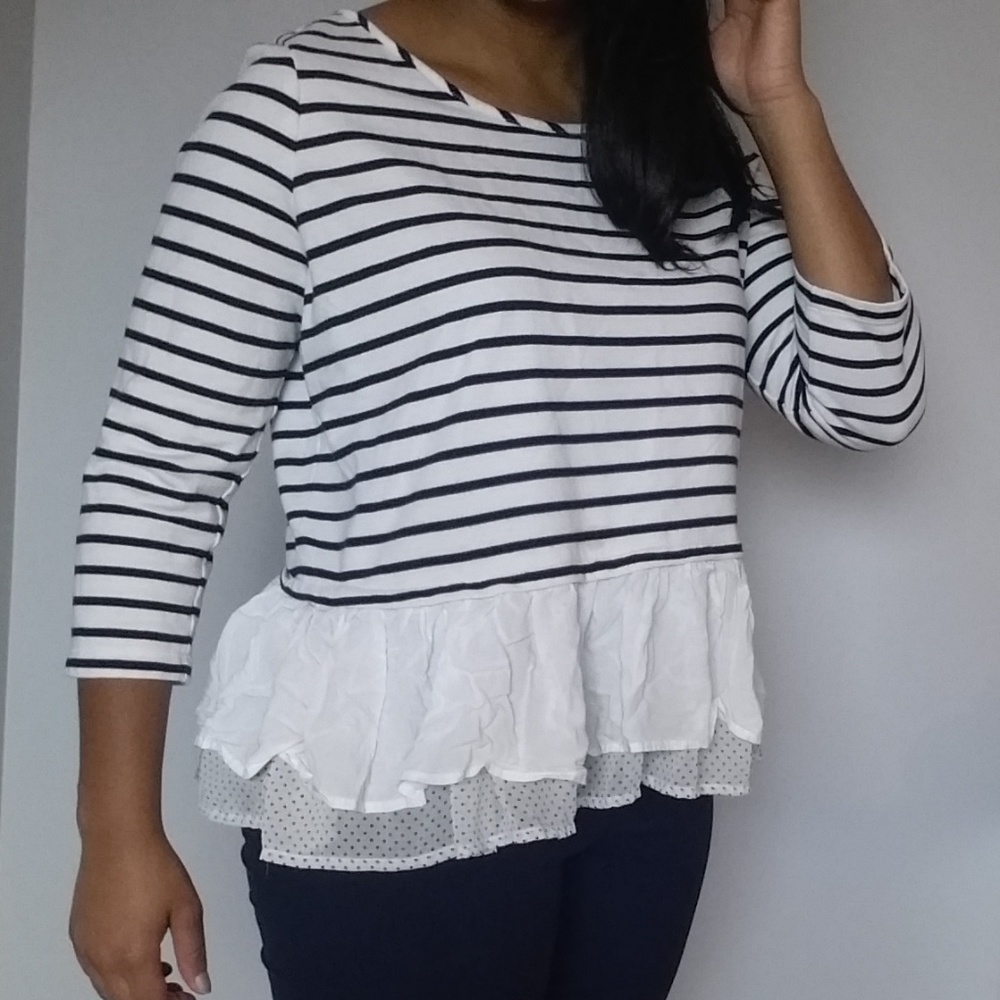 Maison Jules Navy Blue Striped Shirt with Ruffles